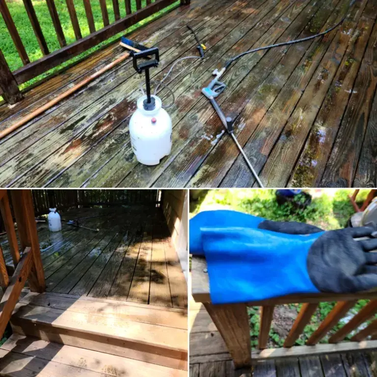Old deck finish being stripped with low-pressure restoration equipment